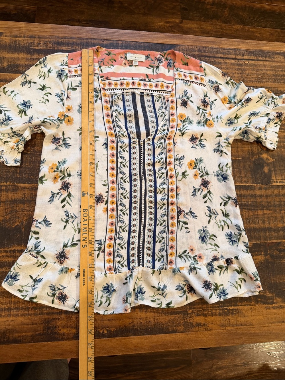Lucky Brand Cream Floral Boho Blouse with Coral Yoke and Blue Trim - Picture 5 of 6